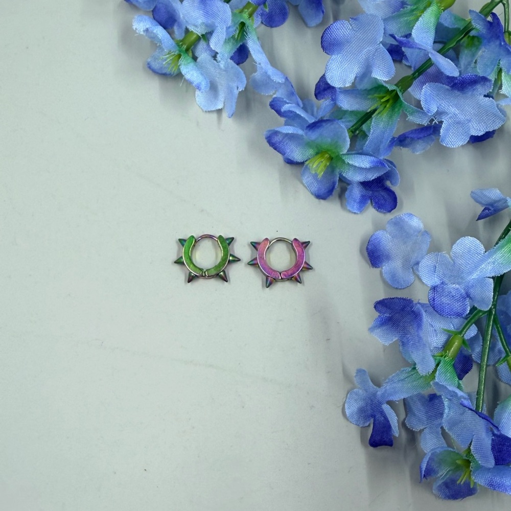 Unbranded Pink & Green Rainbow Steel Spiked Hoop Earrings